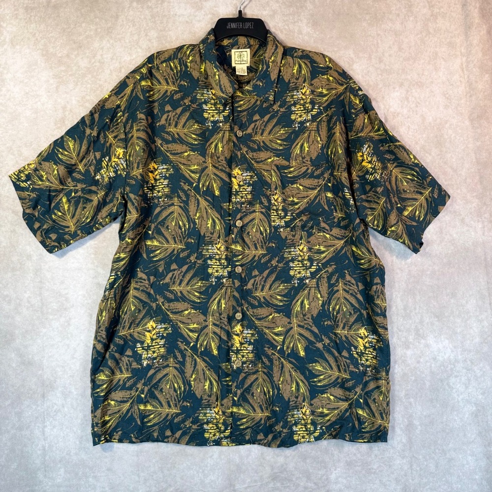 Vintage 90s Morro Bay Hawaiian Shirt Men Large Viscose Blue Gold Palm Leaf Aloha